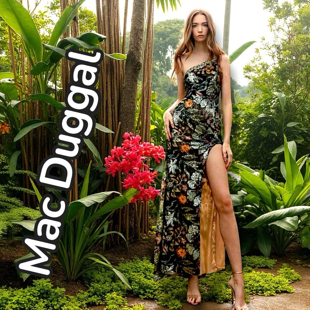 Mac Duggal Green, Black and Orange Tropical and Floral Sequin, Backless Dress - Picture 11 of 11